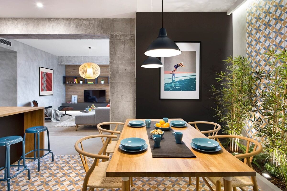 34 Ideias de decoração para Ambientes Integrados cozinha sala de jantar e estar cadeira wishbone troca de piso