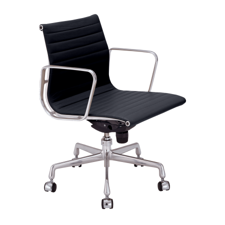 Cadeira para escritório Charles e Ray Eames EA 335 com braço estrutura em alumínio e couro preto