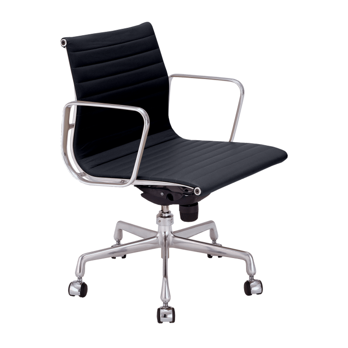 Cadeira para escritório Charles e Ray Eames EA 335 com braço estrutura em alumínio e couro preto
