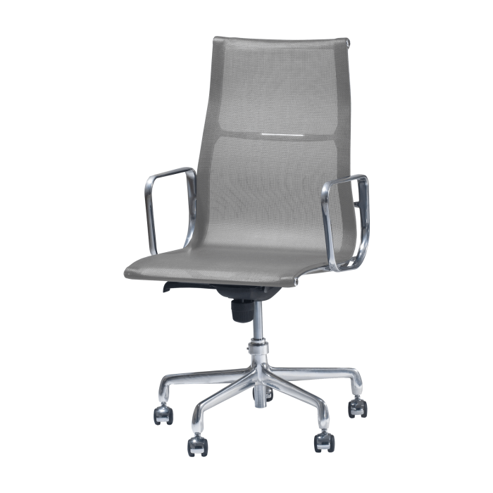 Cadeira para escritório Charles e Ray Eames Executiva EA 337 com braço estrutura em alumínio e tela cinza