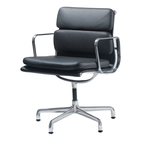 Cadeira para escritório Charles e Ray Eames EA 431 com braço estrutura em alumínio e couro preto