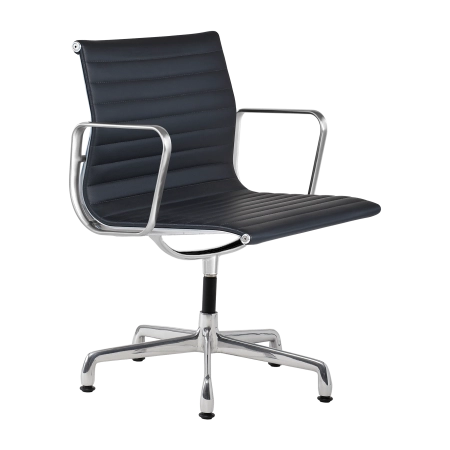 Cadeira para escritório Charles e Ray Eames EA 331 com braço estrutura em alumínio e couro preto